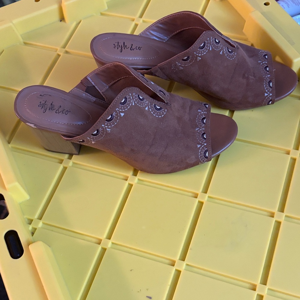 Style & Co. Brown Suede Peep-Toe Slide Mules With Cutout Detail View 3